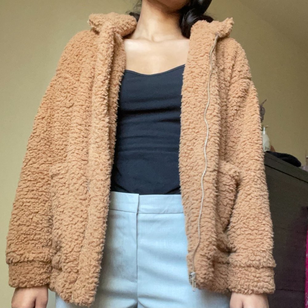 Faux Shearling Jacket - Brown Color